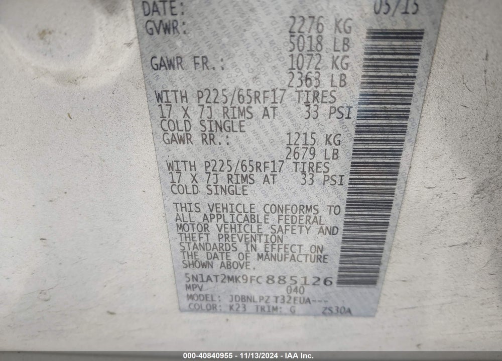 2015 NISSAN ROGUE VIN: 5N1AT2MK9FC885126