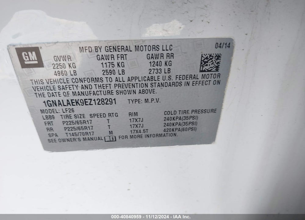 2014 CHEVROLET EQUINOX LS VIN: 1GNALAEK9EZ128291