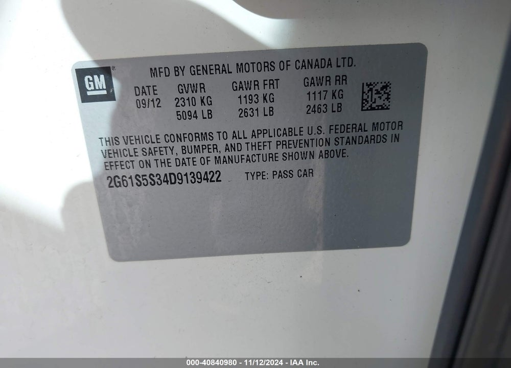 2013 CADILLAC XTS PREMIUM VIN: 2G61S5S34D9139422
