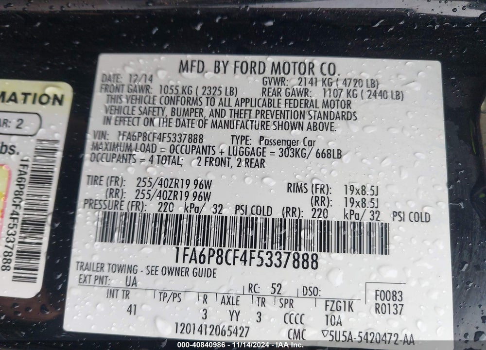 2015 FORD MUSTANG GT PREMIUM VIN: 1FA6P8CF4F5337888