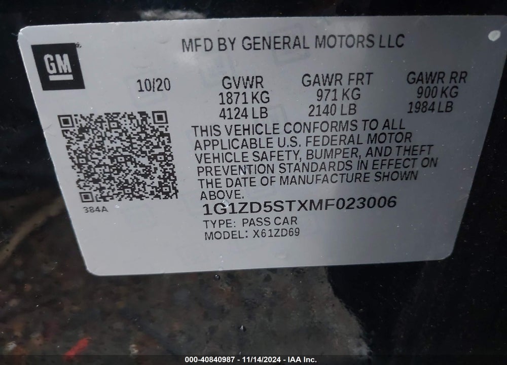2021 CHEVROLET MALIBU FWD LT VIN: 1G1ZD5STXMF023006