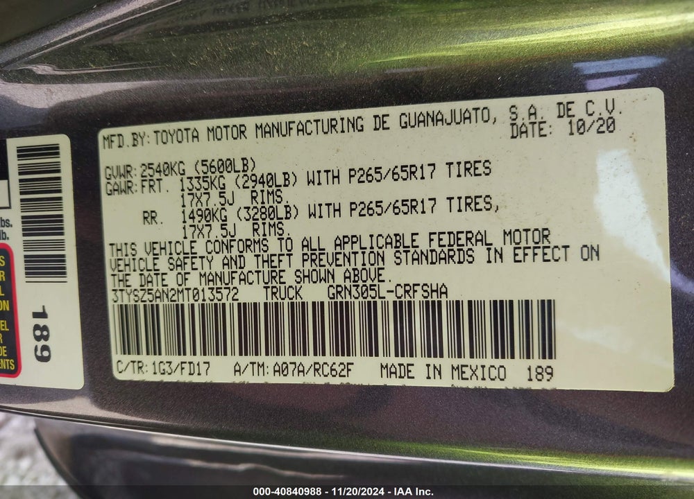 2021 TOYOTA TACOMA TRD SPORT VIN: 3TYSZ5AN2MT013572