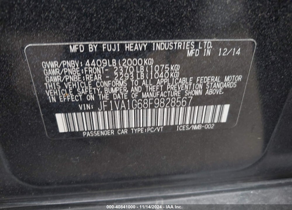 2015 SUBARU WRX LIMITED VIN: JF1VA1G68F9828567