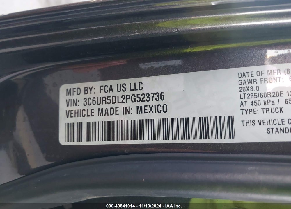 2023 RAM 2500 BIG HORN 4X4 6'4 BOX VIN: 3C6UR5DL2PG523736