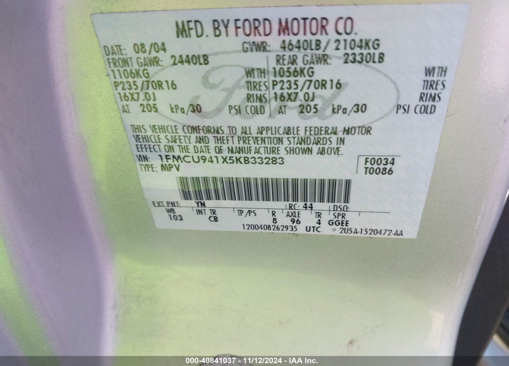 2005 FORD ESCAPE LIMITED VIN: 1FMCU941X5KB33283