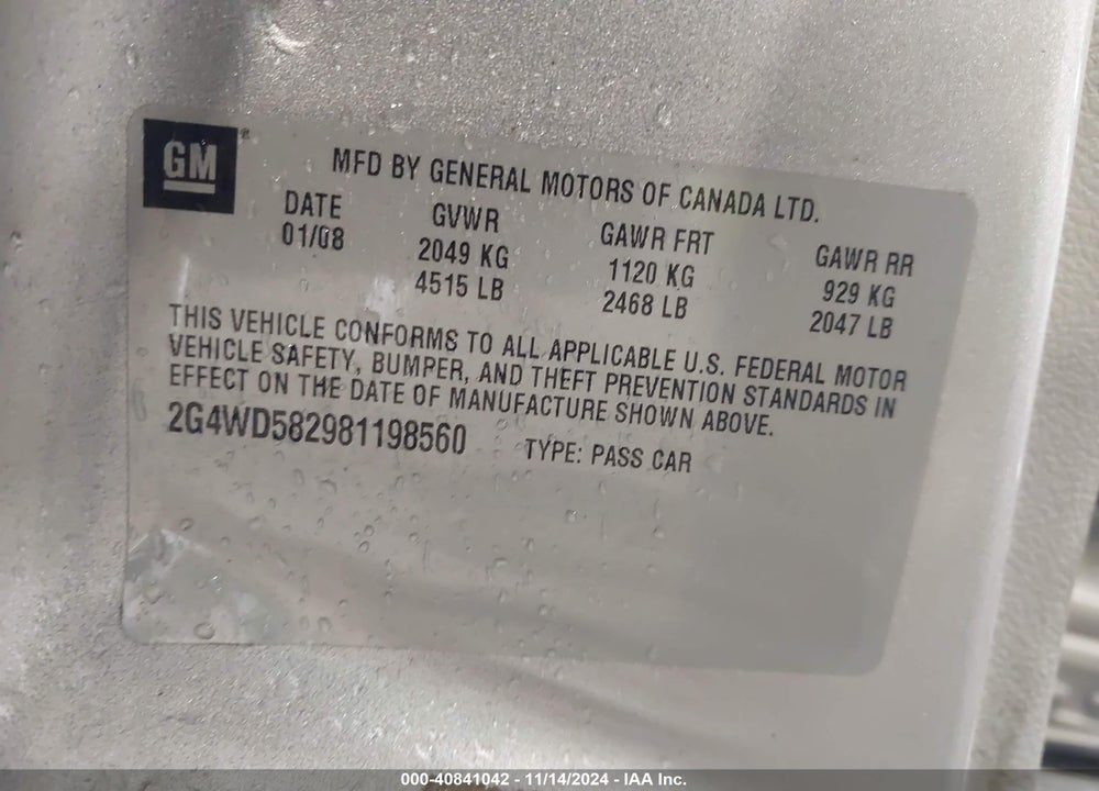 2008 BUICK LACROSSE CXL VIN: 2G4WD582981198560