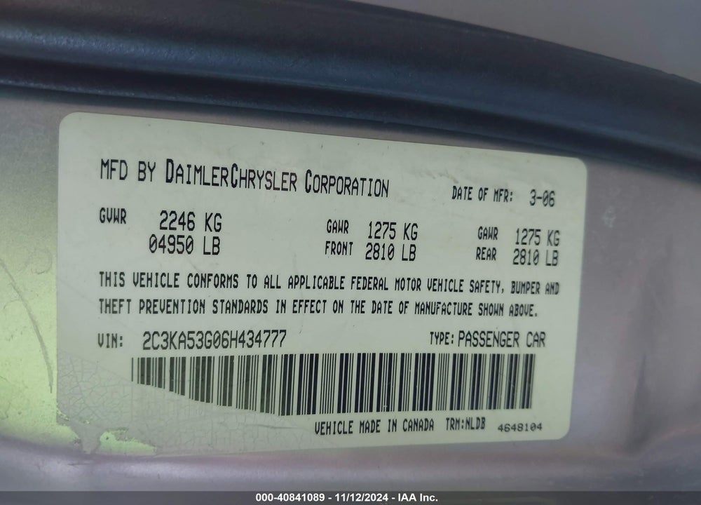 2006 CHRYSLER 300 TOURING VIN: 2C3KA53G06H434777