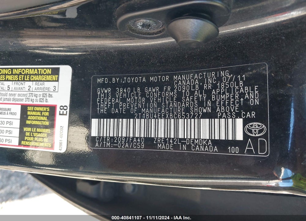 2011 TOYOTA COROLLA VIN: 2T1BU4EEXBC653727