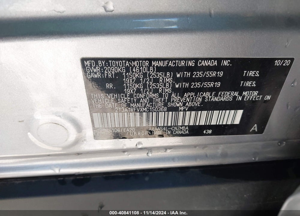 2021 TOYOTA RAV4 VIN: 2T3A1RFVXMC150368