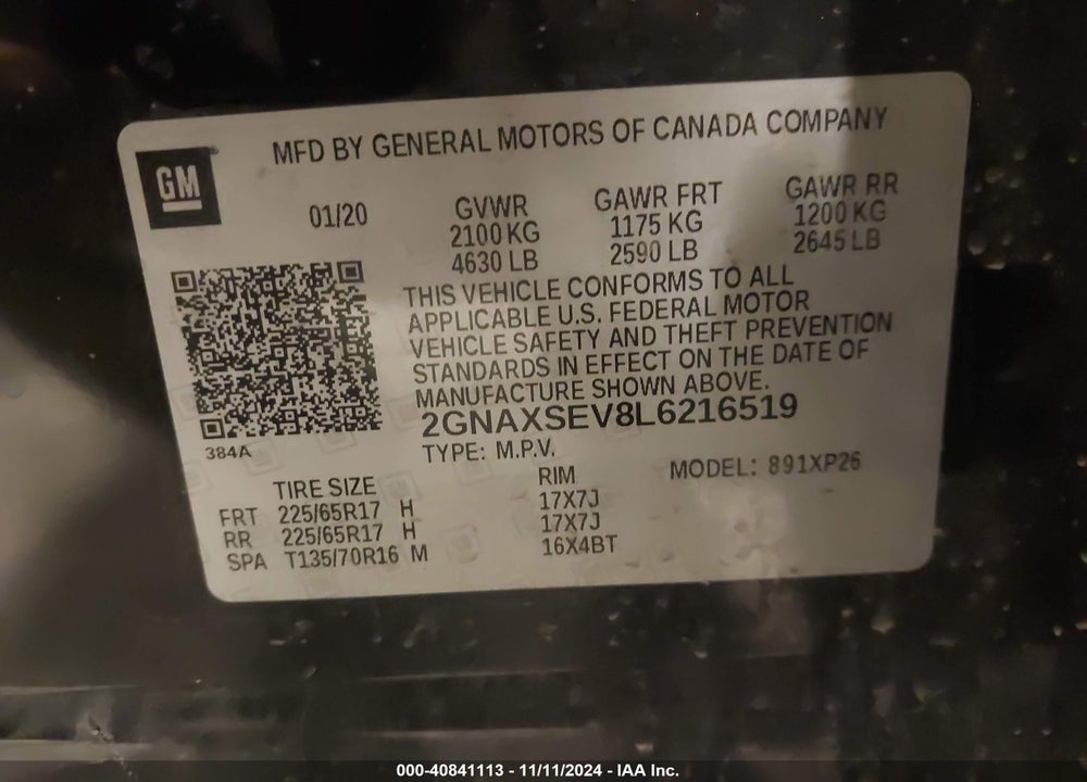 2020 CHEVROLET EQUINOX AWD LS VIN: 2GNAXSEV8L6216519