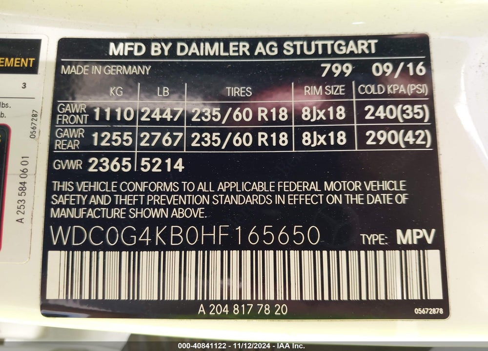 2017 MERCEDES-BENZ GLC 300 VIN: WDC0G4KB0HF165650