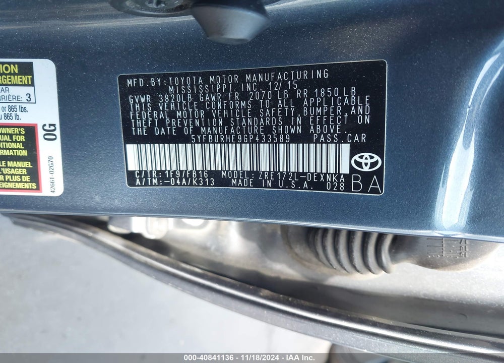 2016 TOYOTA COROLLA VIN: 5YFBURHE9GP433589