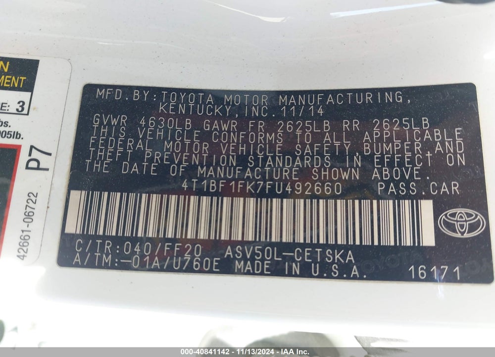 2015 TOYOTA CAMRY SE VIN: 4T1BF1FK7FU492660