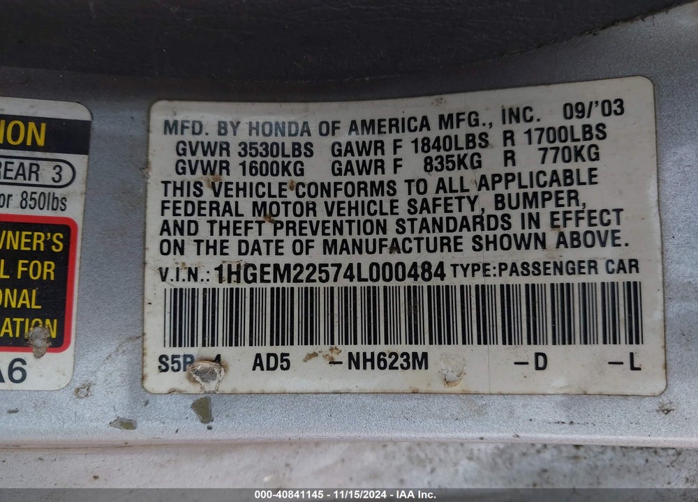 2004 HONDA CIVIC LX VIN: 1HGEM22574L000484