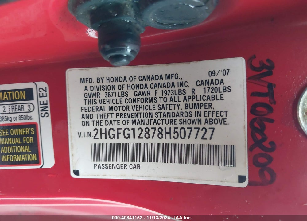 2008 HONDA CIVIC EX VIN: 2HGFG12878H507727