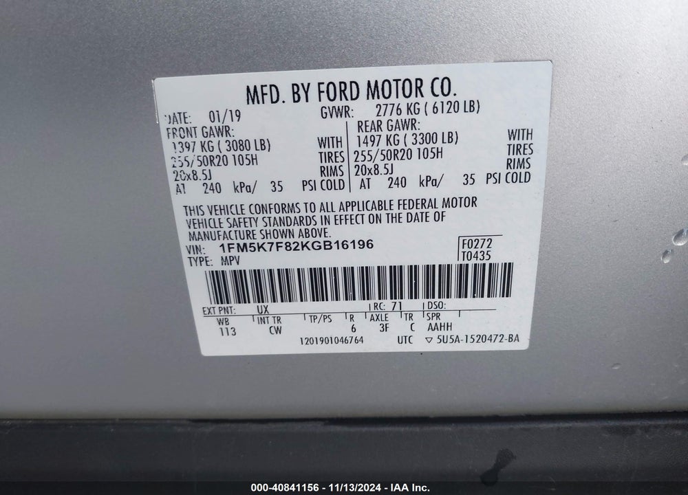 2019 FORD EXPLORER LIMITED VIN: 1FM5K7F82KGB16196