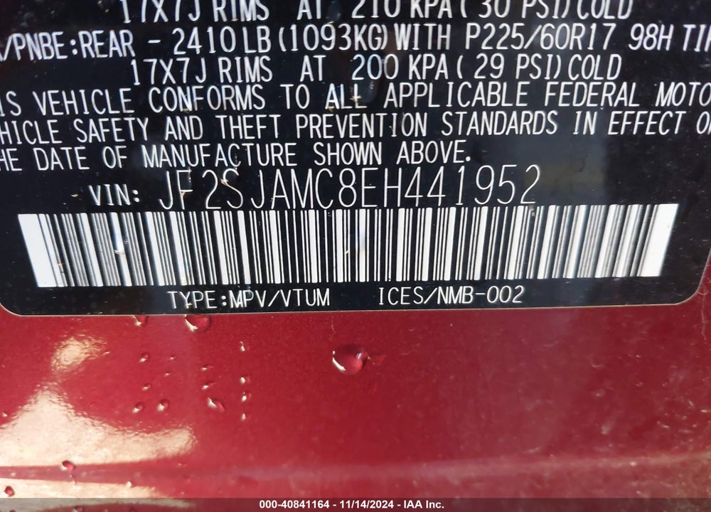 2014 SUBARU FORESTER 2.5I TOURING VIN: JF2SJAMC8EH441952