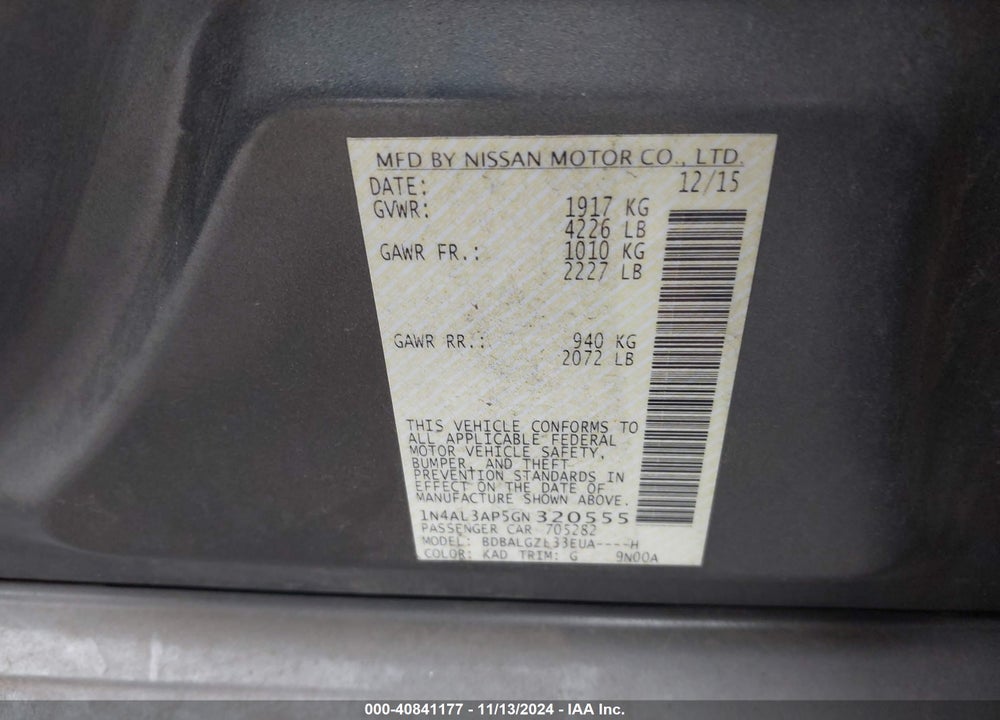 2016 NISSAN ALTIMA 2.5 S VIN: 1N4AL3AP5GN320555