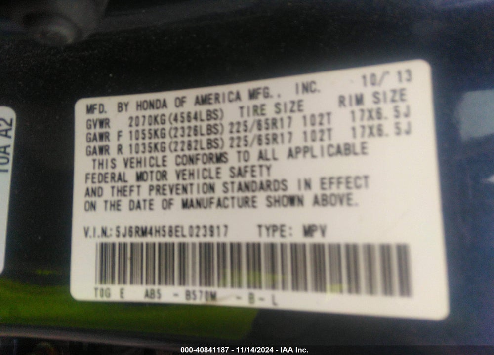 2014 HONDA CR-V EX VIN: 5J6RM4H58EL023917