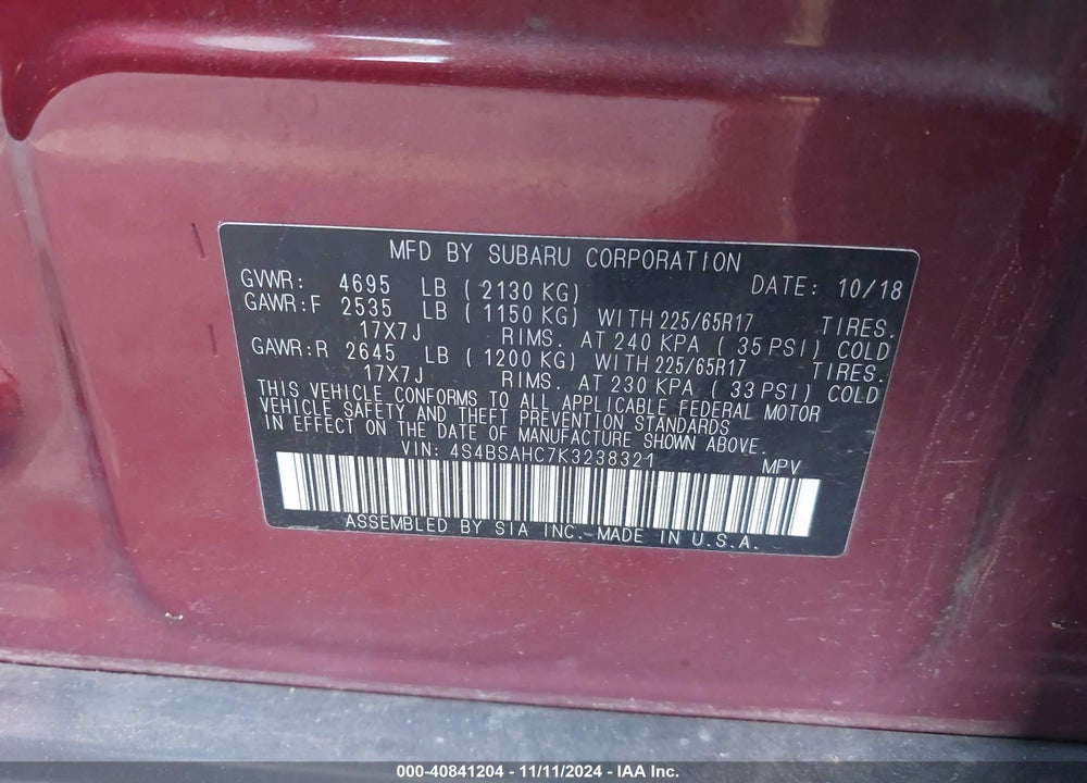 2019 SUBARU OUTBACK 2.5I PREMIUM VIN: 4S4BSAHC7K3238321