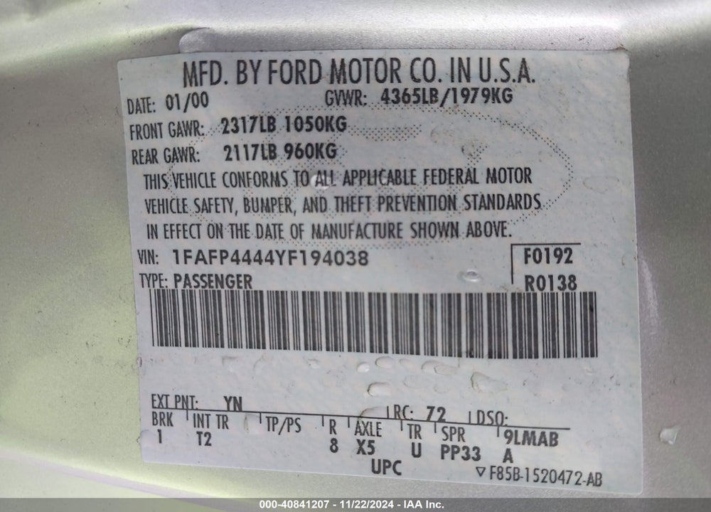 2000 FORD MUSTANG VIN: 1FAFP4444YF194038