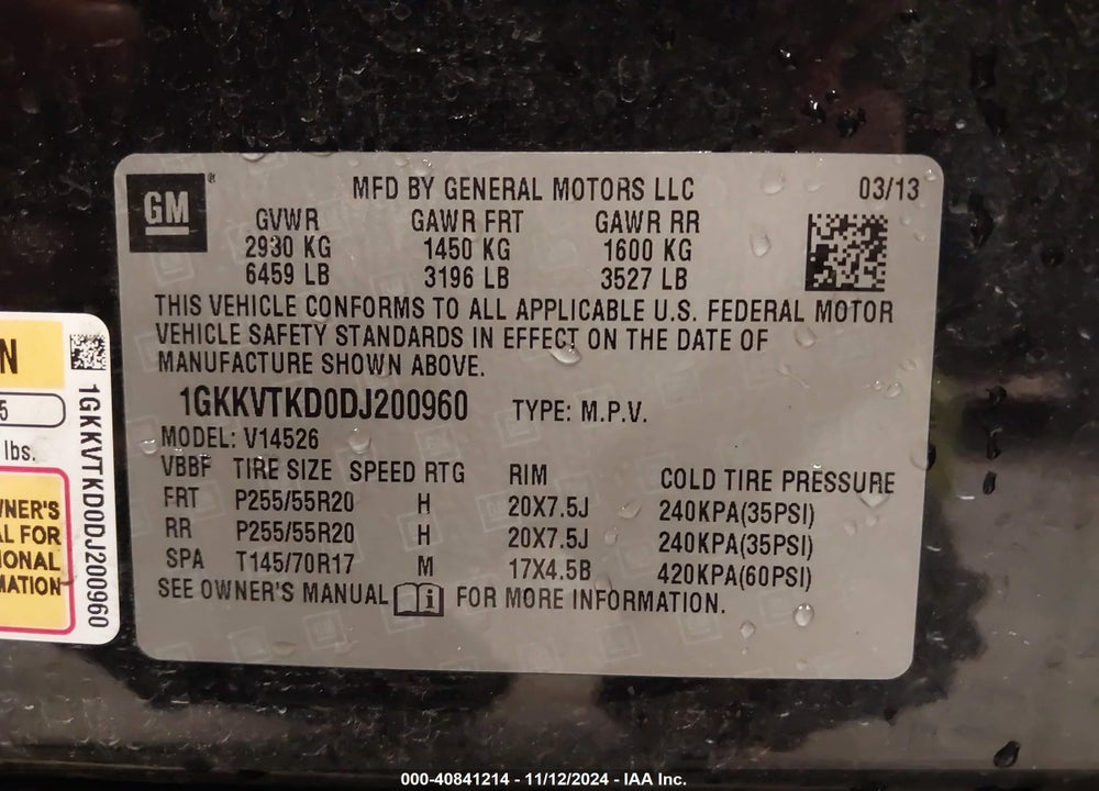 2013 GMC ACADIA DENALI VIN: 1GKKVTKD0DJ200960