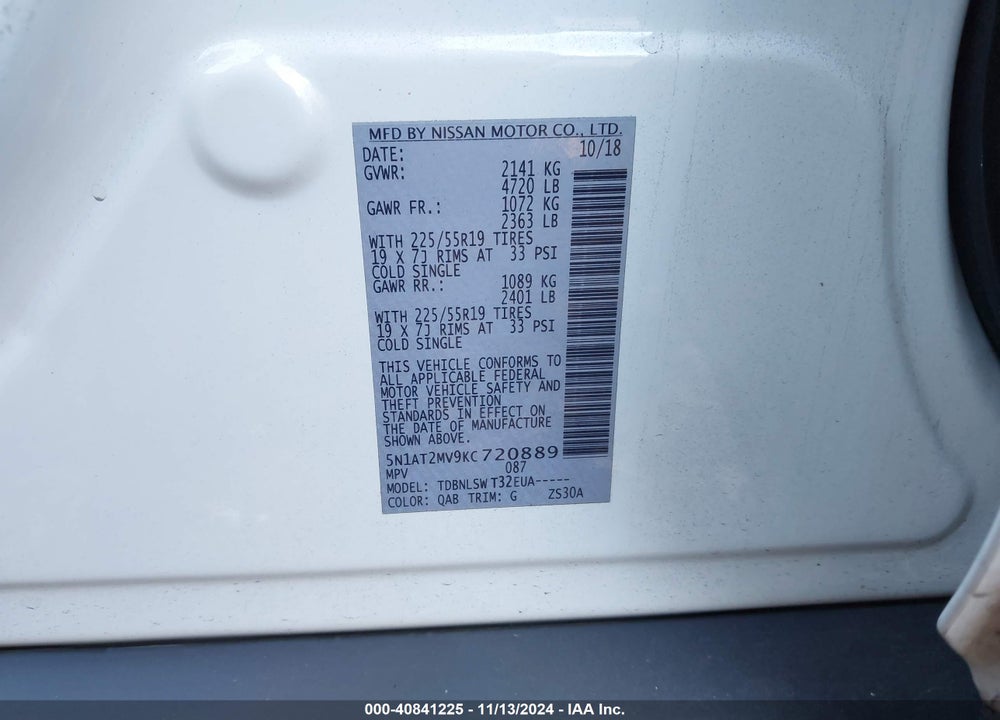 2019 NISSAN ROGUE SL VIN: 5N1AT2MV9KC720889