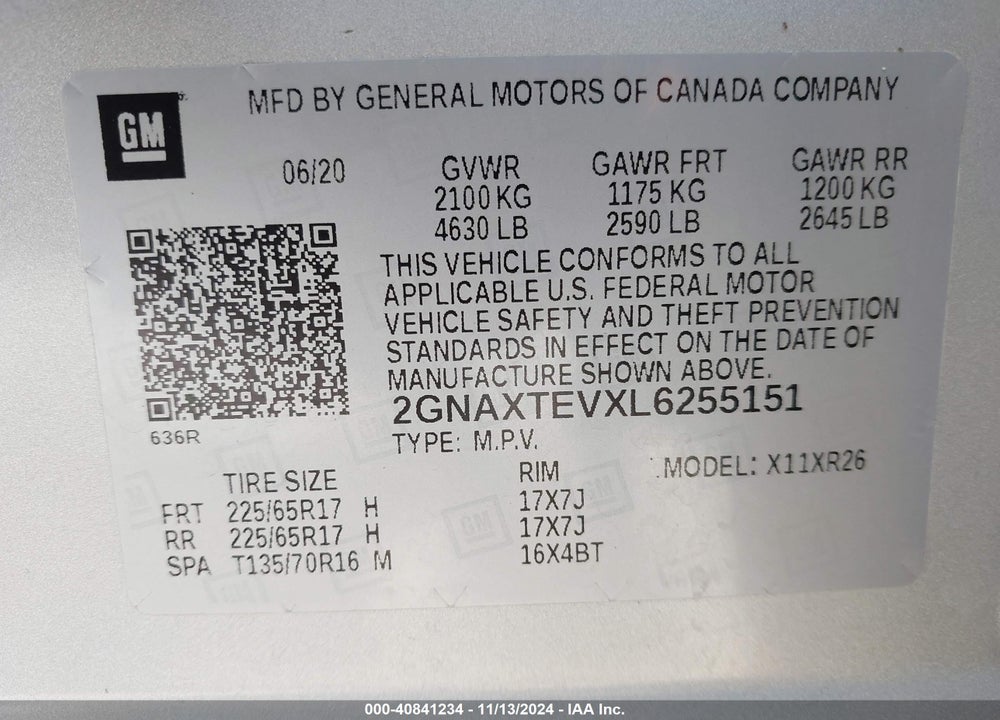 2020 CHEVROLET EQUINOX AWD 2FL VIN: 2GNAXTEVXL6255151