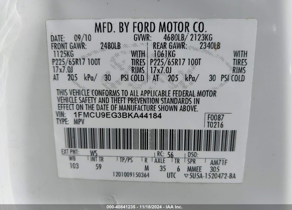 2011 FORD ESCAPE LIMITED VIN: 1FMCU9EG3BKA44184