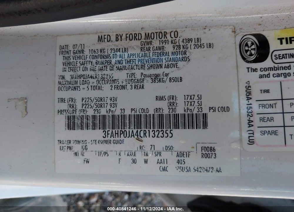 2012 FORD FUSION SEL VIN: 3FAHP0JA4CR132355