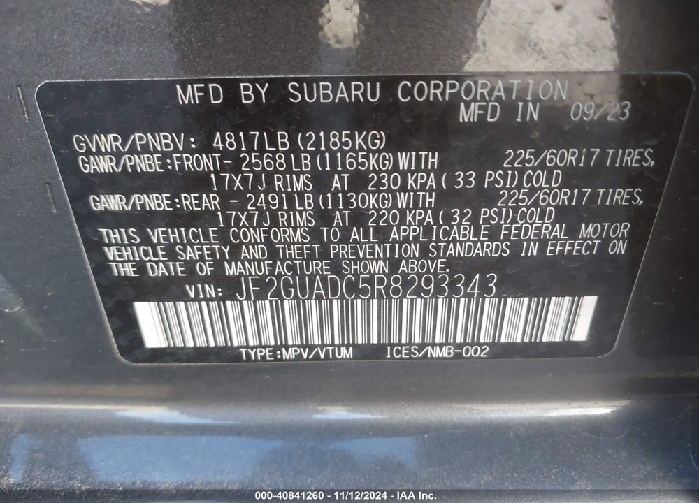 2024 SUBARU CROSSTREK PREMIUM VIN: JF2GUADC5R8293343