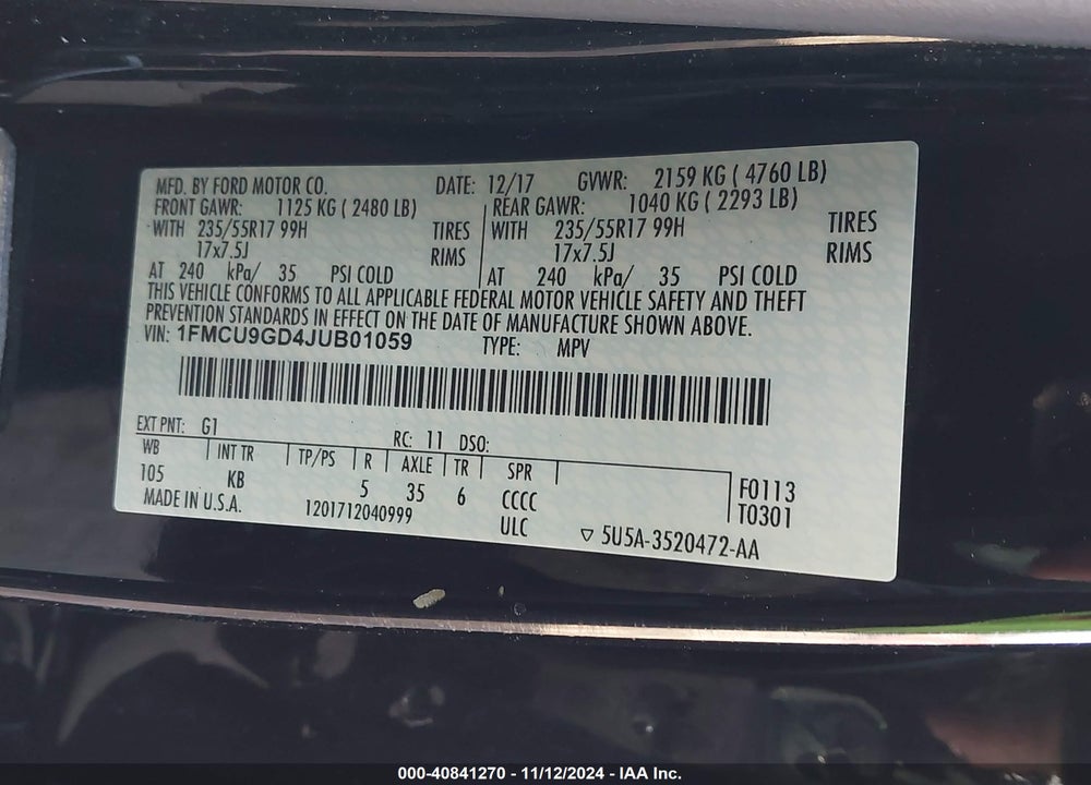2018 FORD ESCAPE SE VIN: 1FMCU9GD4JUB01059