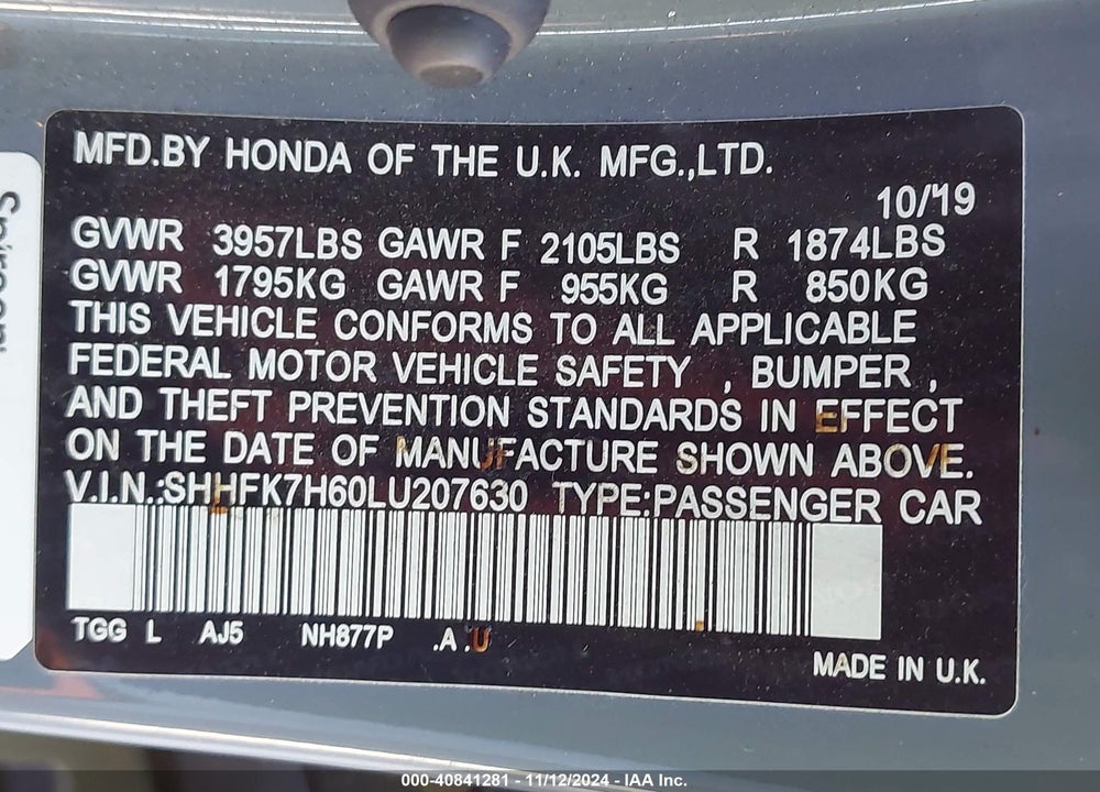 2020 HONDA CIVIC EX VIN: SHHFK7H60LU207630
