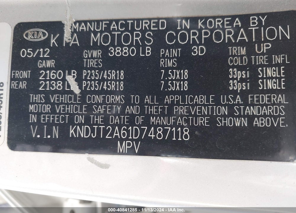 2013 KIA SOUL VIN: KNDJT2A61D7487118