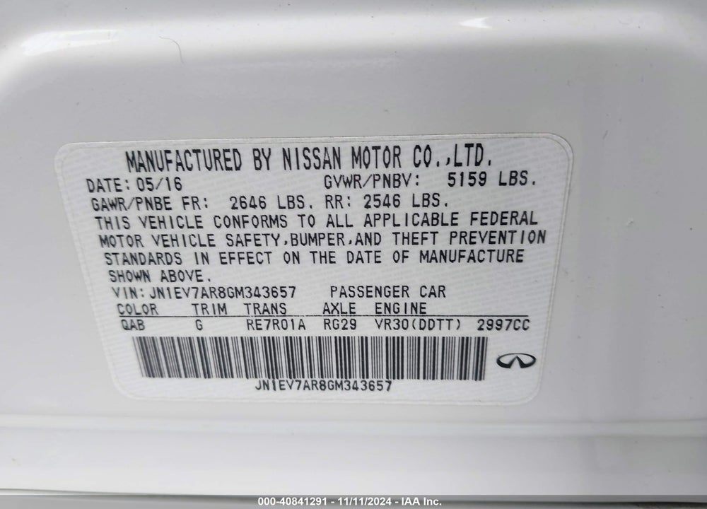 2016 INFINITI Q50 3.0T PREMIUM VIN: JN1EV7AR8GM343657