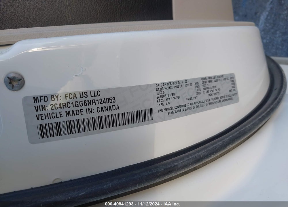 2022 CHRYSLER PACIFICA LIMITED VIN: 2C4RC1GG8NR124053