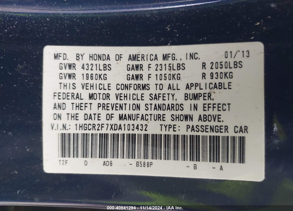 2013 HONDA ACCORD EX VIN: 1HGCR2F7XDA103432