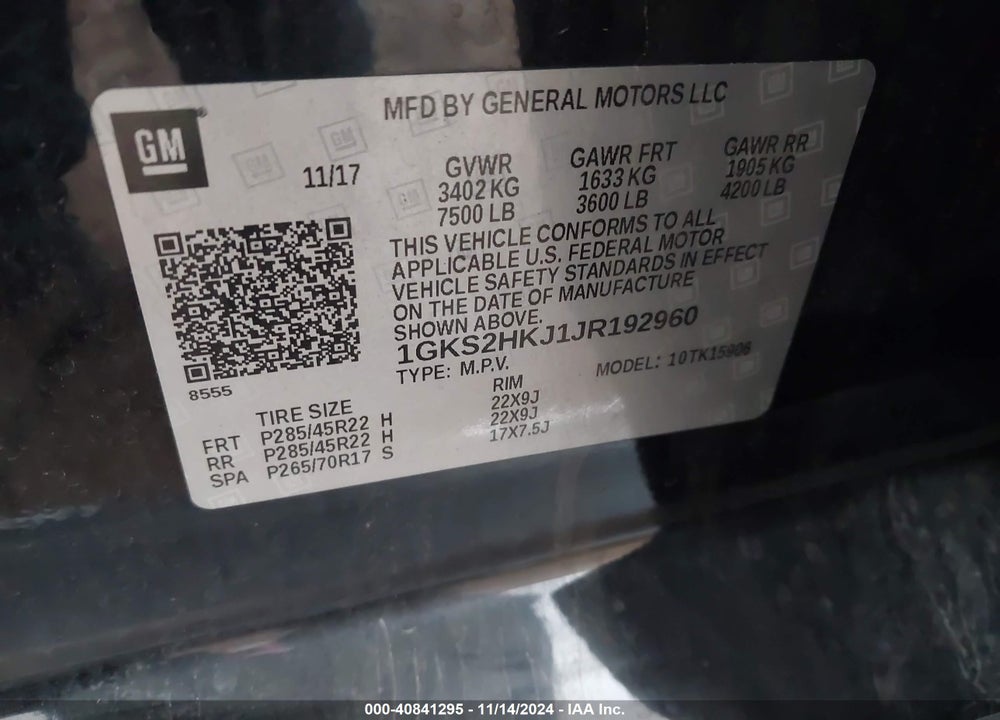 2018 GMC YUKON XL DENALI VIN: 1GKS2HKJ1JR192960