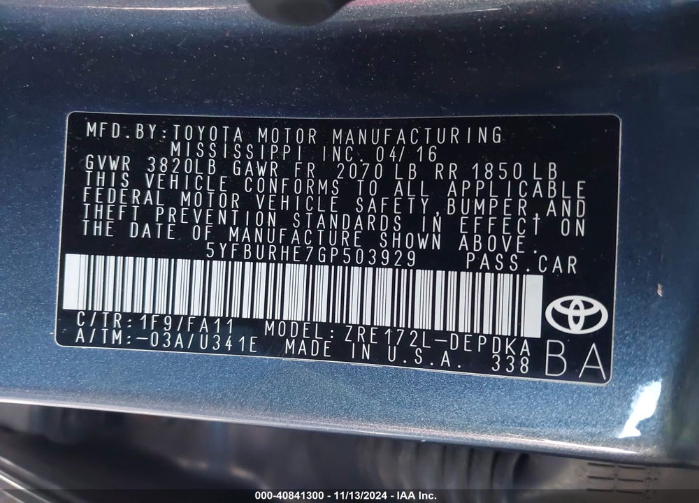 2016 TOYOTA COROLLA L VIN: 5YFBURHE7GP503929