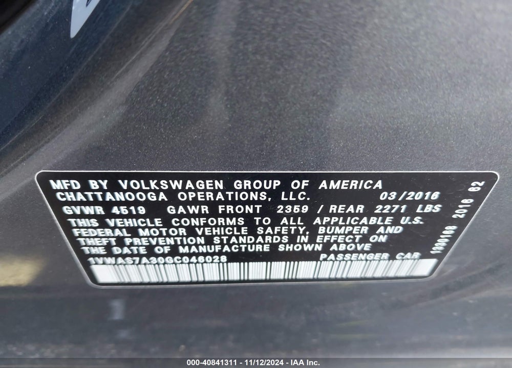 2016 VOLKSWAGEN PASSAT 1.8T S VIN: 1VWAS7A30GC046028