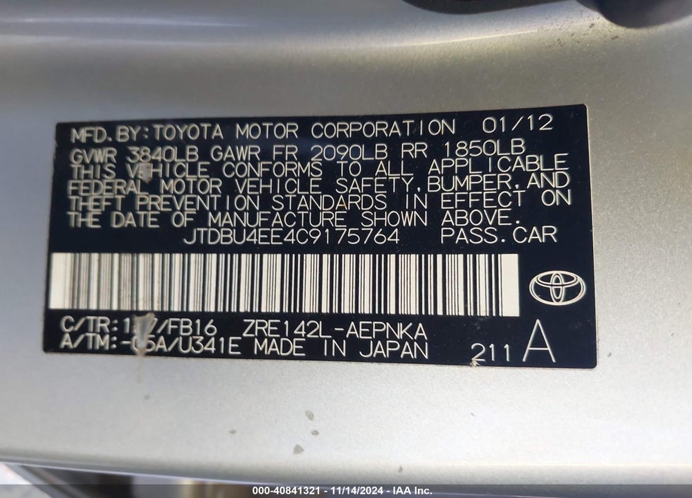 2012 TOYOTA COROLLA LE VIN: JTDBU4EE4C9175764