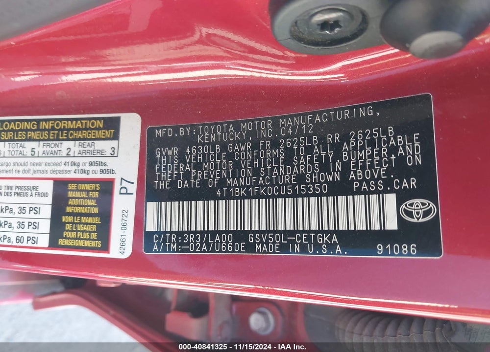 2012 TOYOTA CAMRY XLE V6 VIN: 4T1BK1FK0CU515350