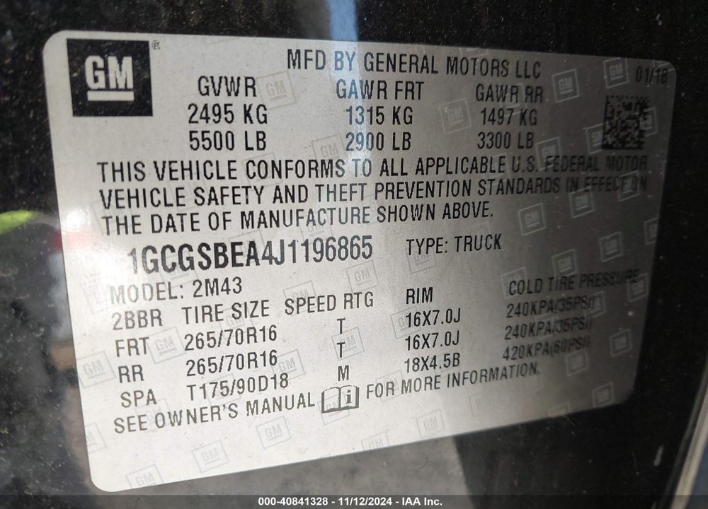 2018 CHEVROLET COLORADO WT VIN: 1GCGSBEA4J1196865