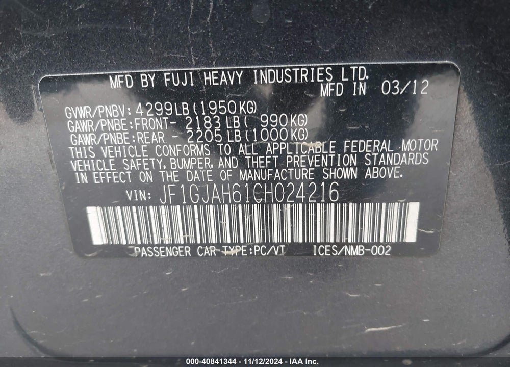 2012 SUBARU IMPREZA 2.0I LIMITED VIN: JF1GJAH61CH024216