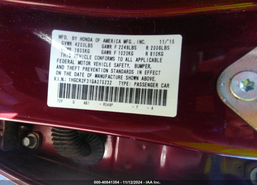 2016 HONDA ACCORD LX VIN: 1HGCR2F31GA075232