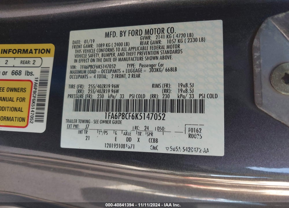 2019 FORD MUSTANG GT VIN: 1FA6P8CF6K5147052
