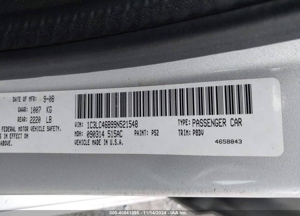 2009 CHRYSLER SEBRING LX VIN: 1C3LC46B99N521548