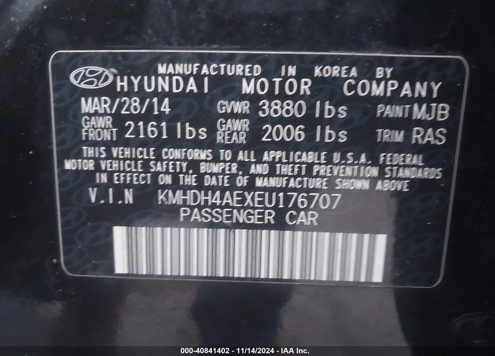 2014 HYUNDAI ELANTRA SE VIN: KMHDH4AEXEU176707