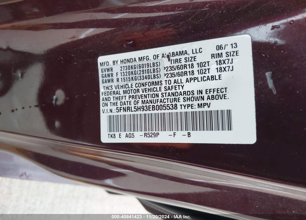 2014 HONDA ODYSSEY TOURING/TOURING ELITE VIN: 5FNRL5H93EB005538