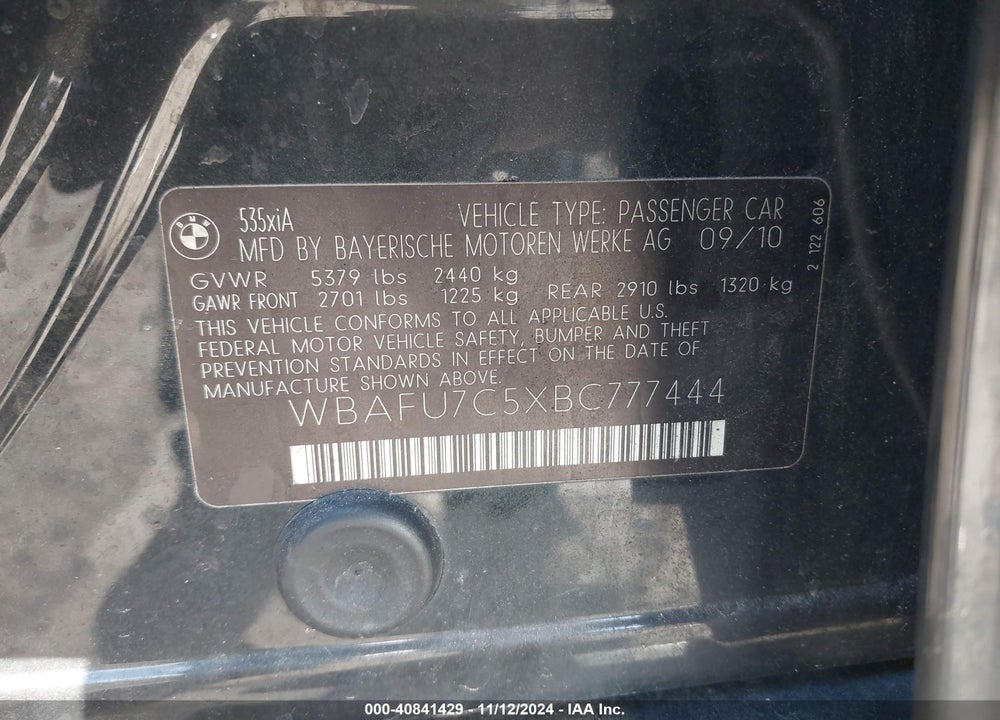 2011 BMW 535I VIN: WBAFU7C5XBC777444